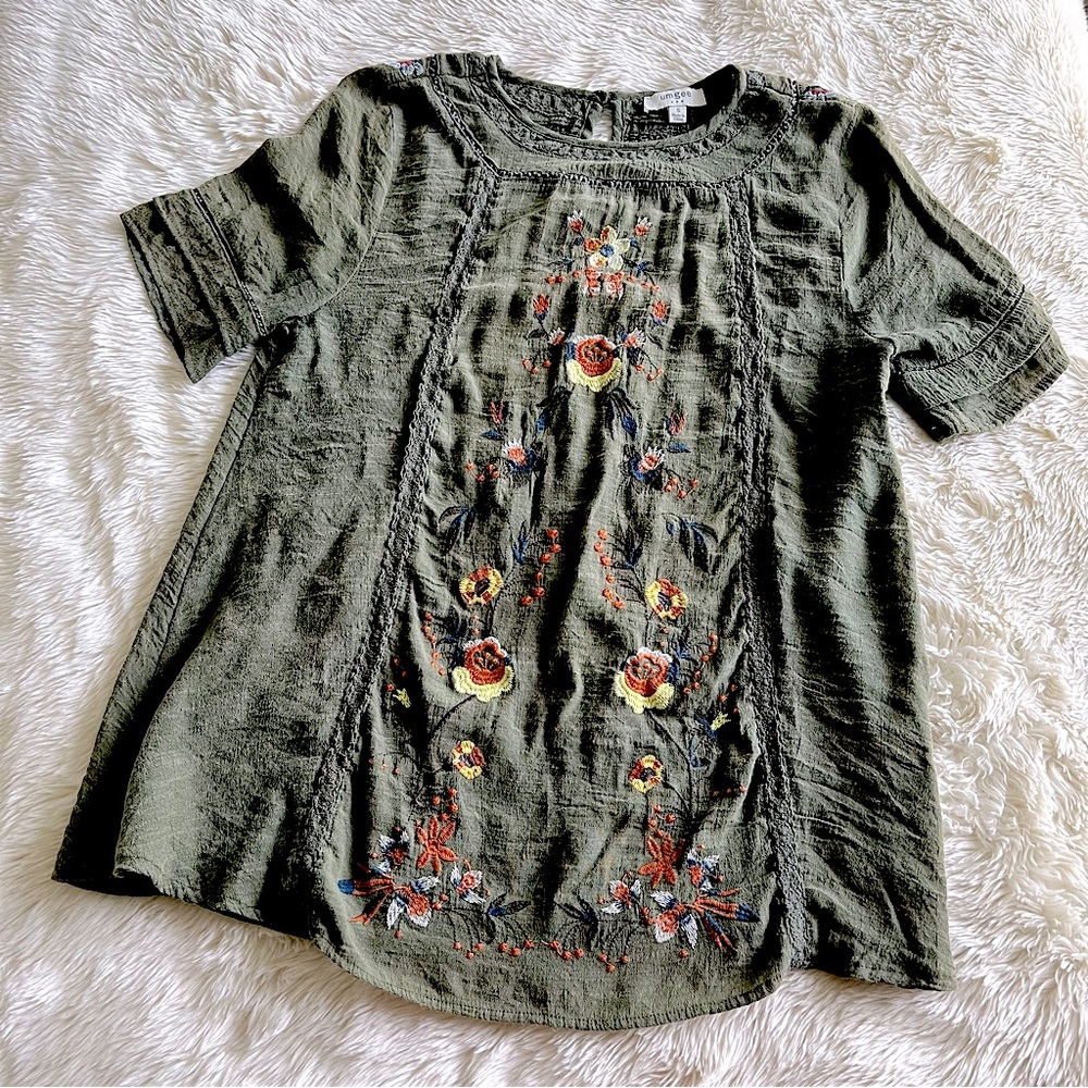 Olive Green Shirt with Embroidered Floral Design and Small Keyhole Back